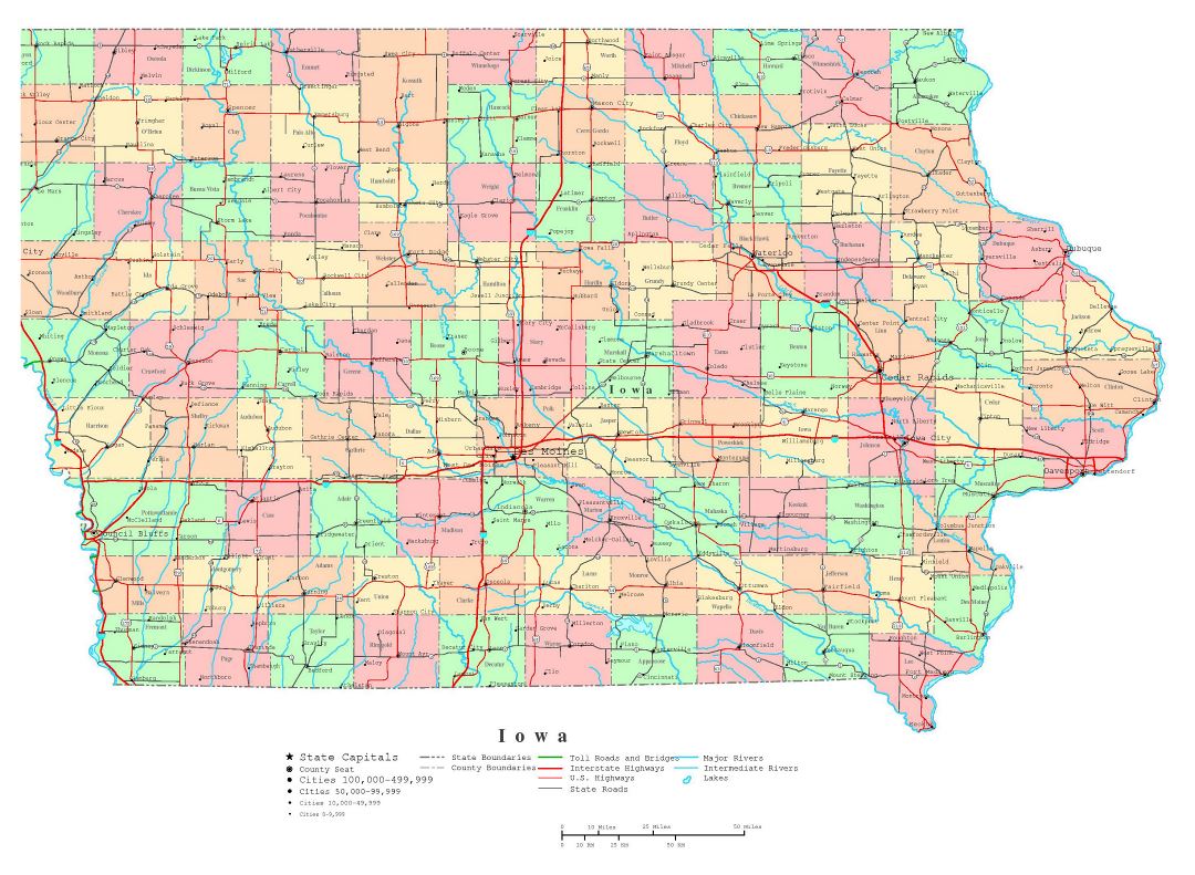 Large detailed administrative map of Iowa state with roads, highways and cities