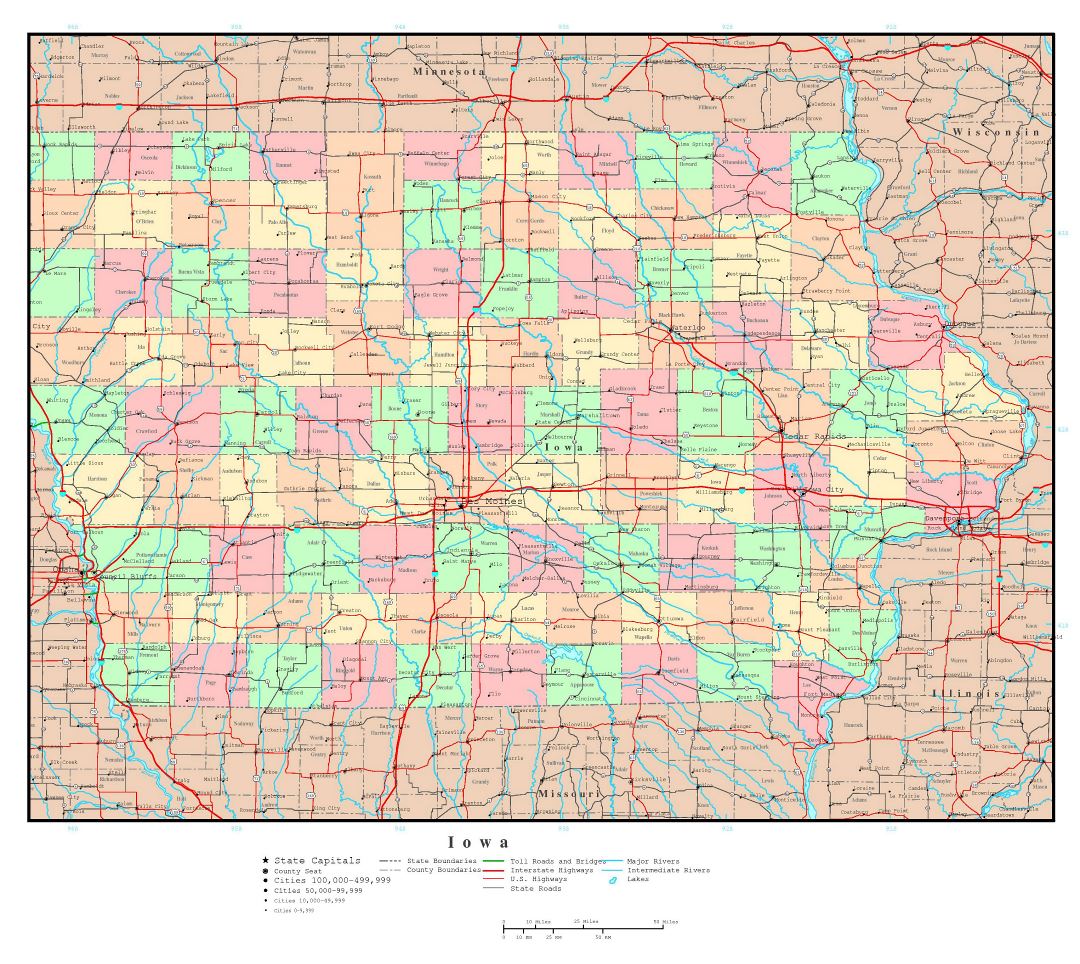 Large detailed administrative map of Iowa state with roads, highways and major cities