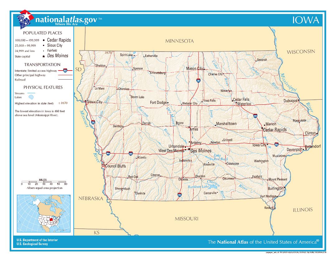 Large detailed map of Iowa state