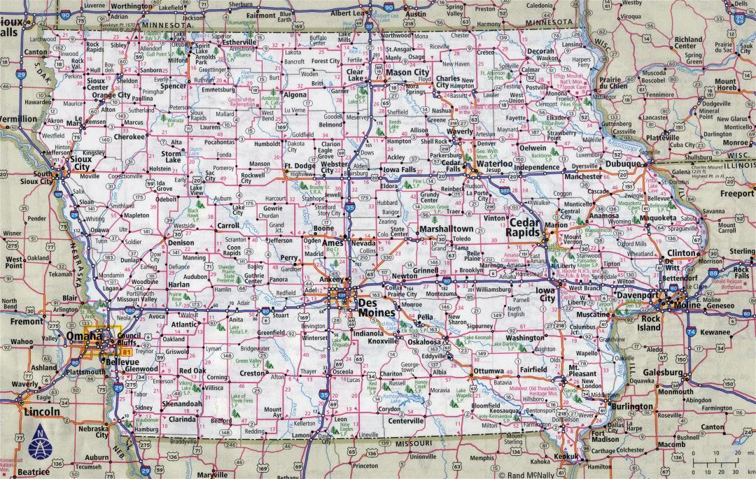 Large detailed roads and highways map of Iowa state with all cities