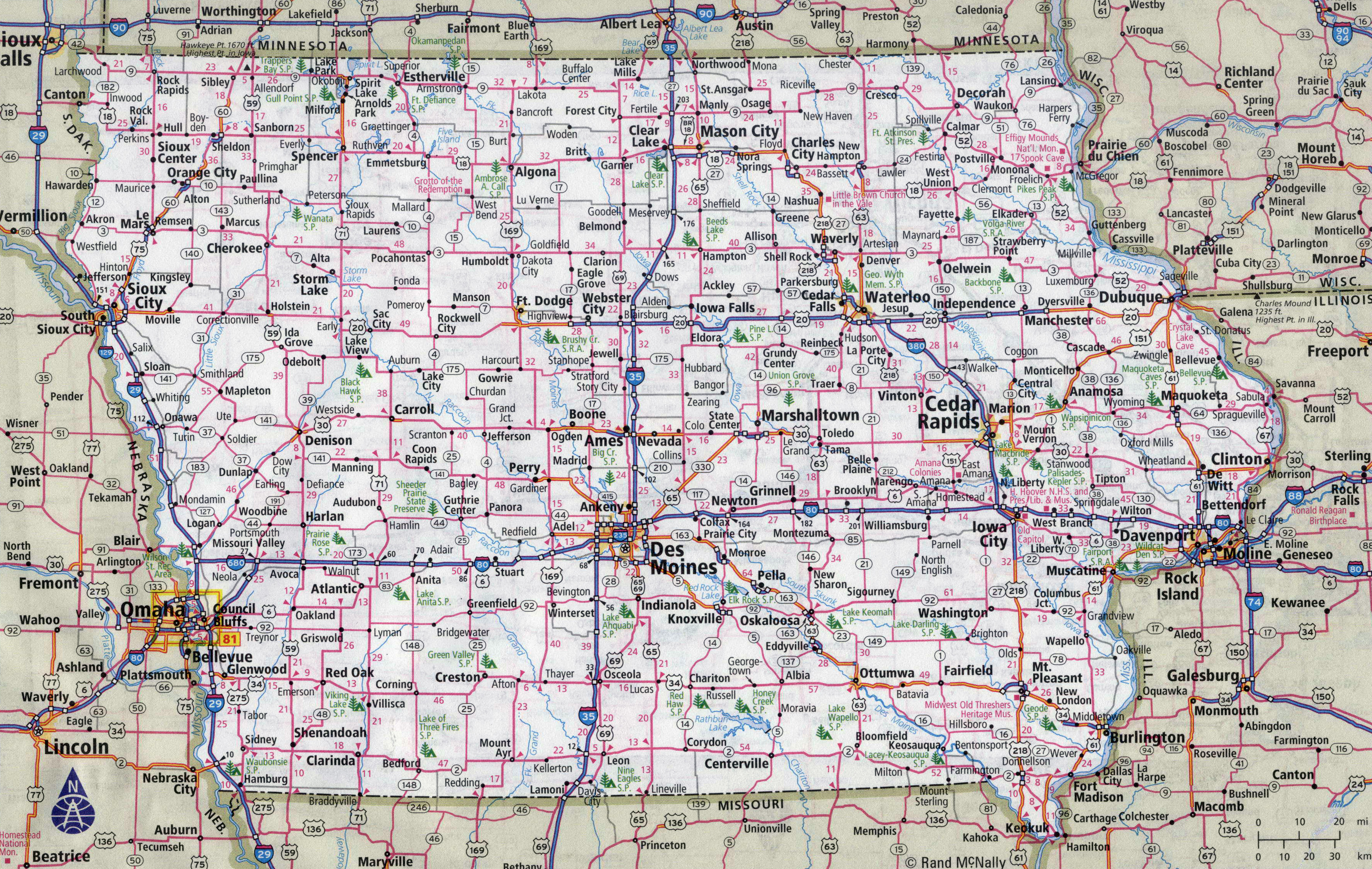 Large Detailed Roads And Highways Map Of Iowa State With All
