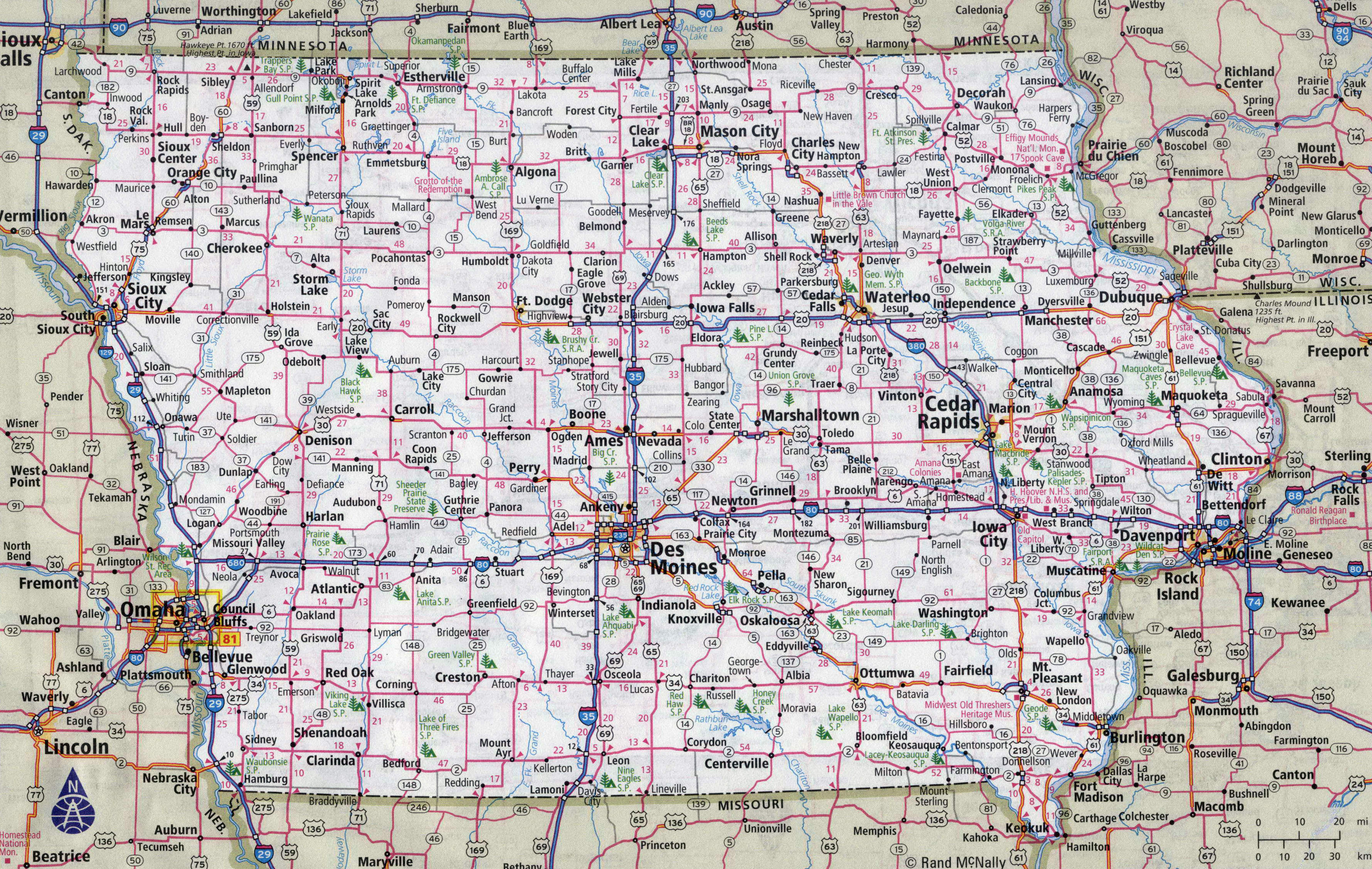 Large Detailed Roads And Highways Map Of Iowa State With Cities Ruby ...