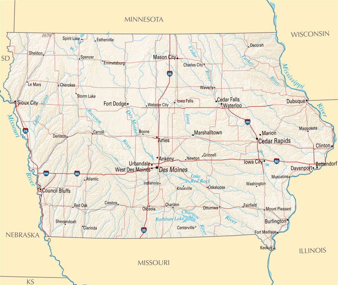 Large map of Iowa state with roads, highways, relief and major cities