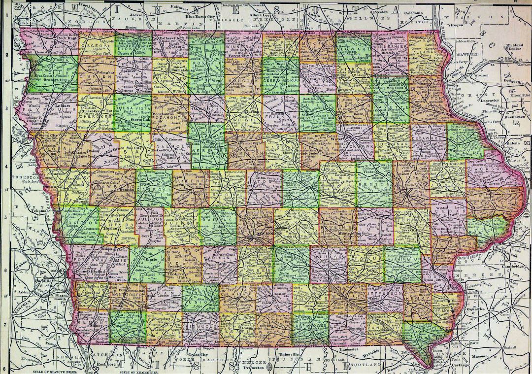 Large old administrative map of Iowa state with cities - 1895