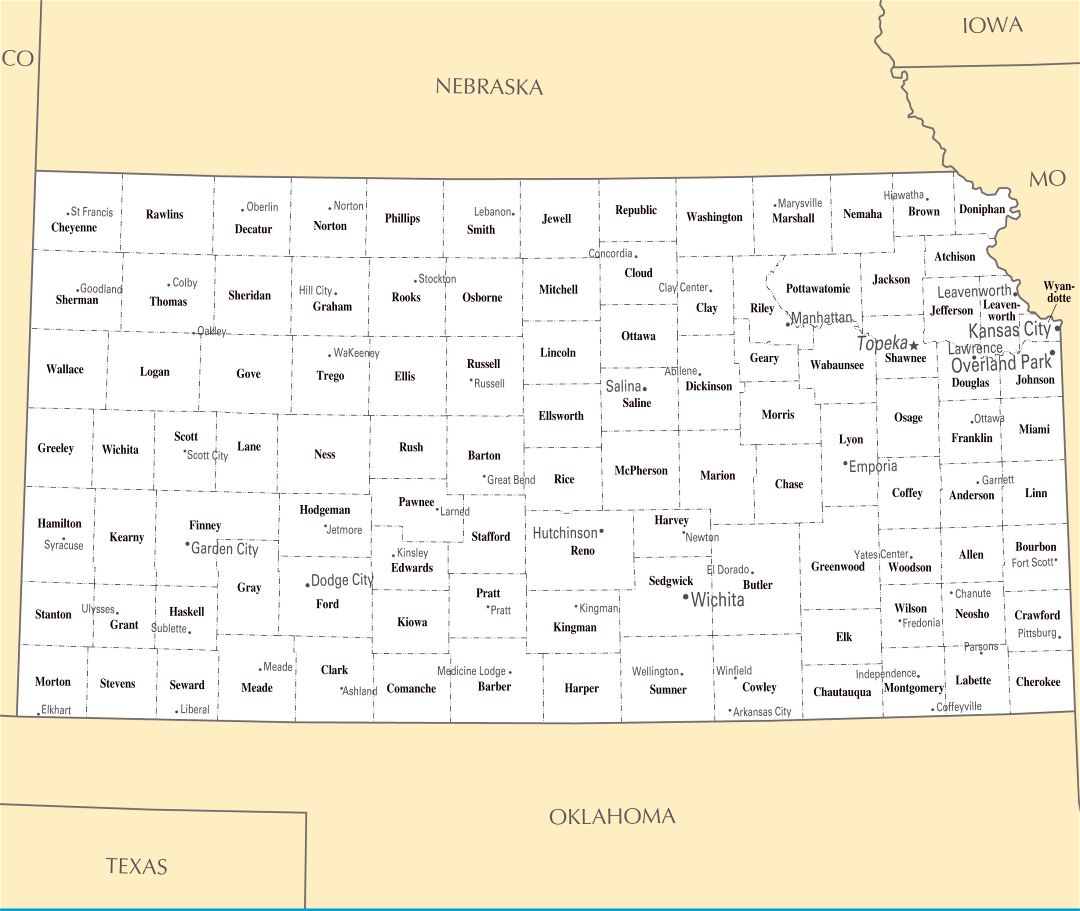 Large administrative map of Kansas state with major cities