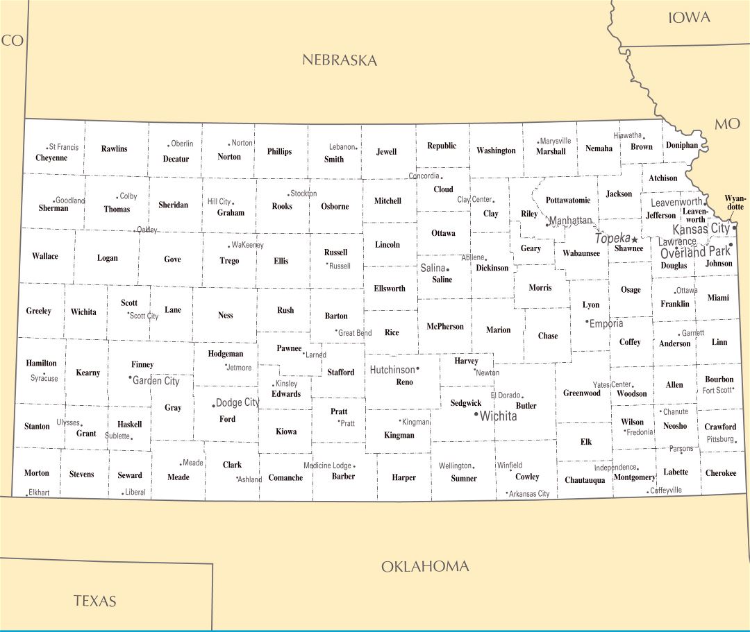 Large administrative map of Kansas state with major cities