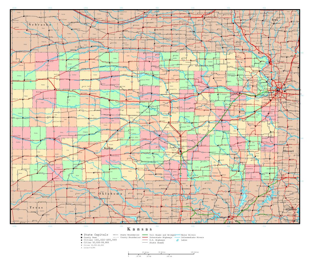 Large detailed administrative map of Kansas state with roads, highways and major cities