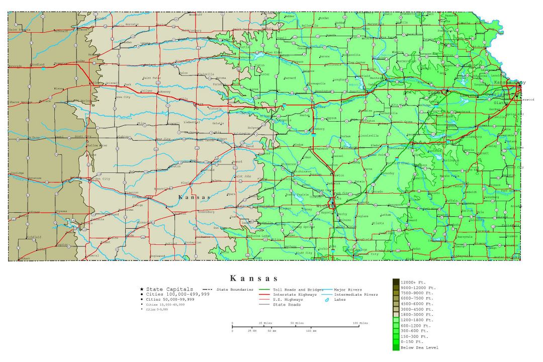 Large detailed elevation map of Kansas state with roads, highways and cities