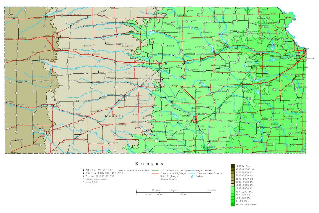 Large detailed elevation map of Kansas state with roads, highways and cities