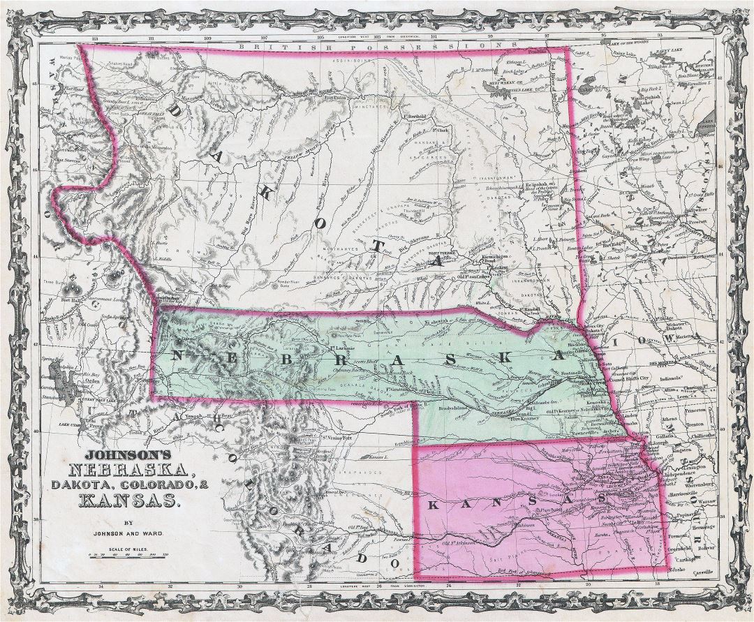 Large detailed old map of Kansas, Nebraska and Dakota with relief - 1862
