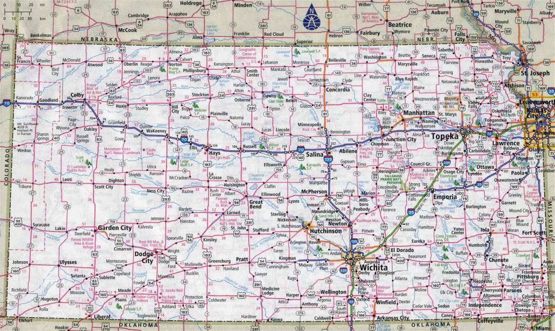 Large detailed roads and highways map of Kansas state with all cities