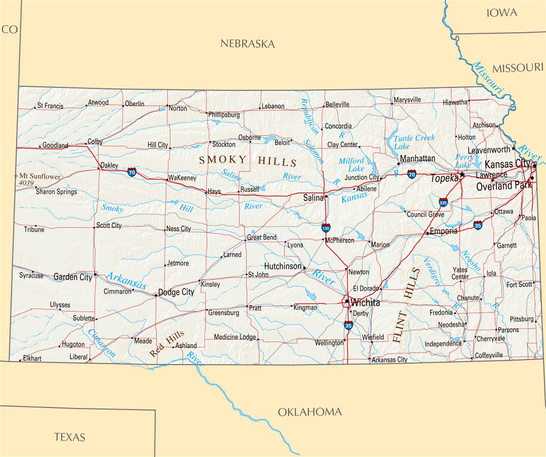 Large map of Kansas state with roads, highways, relief and major cities