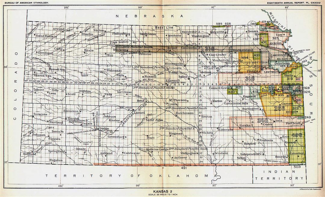 Large Native American Territories map of Kansas state - 1866 - 1867