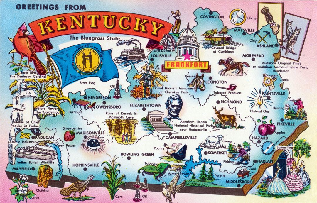 Detailed tourist illustrated map of Kentucky state