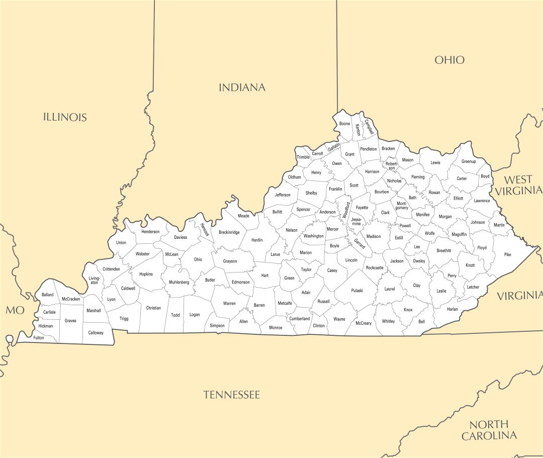 Large administrative map of Kentucky state with major cities