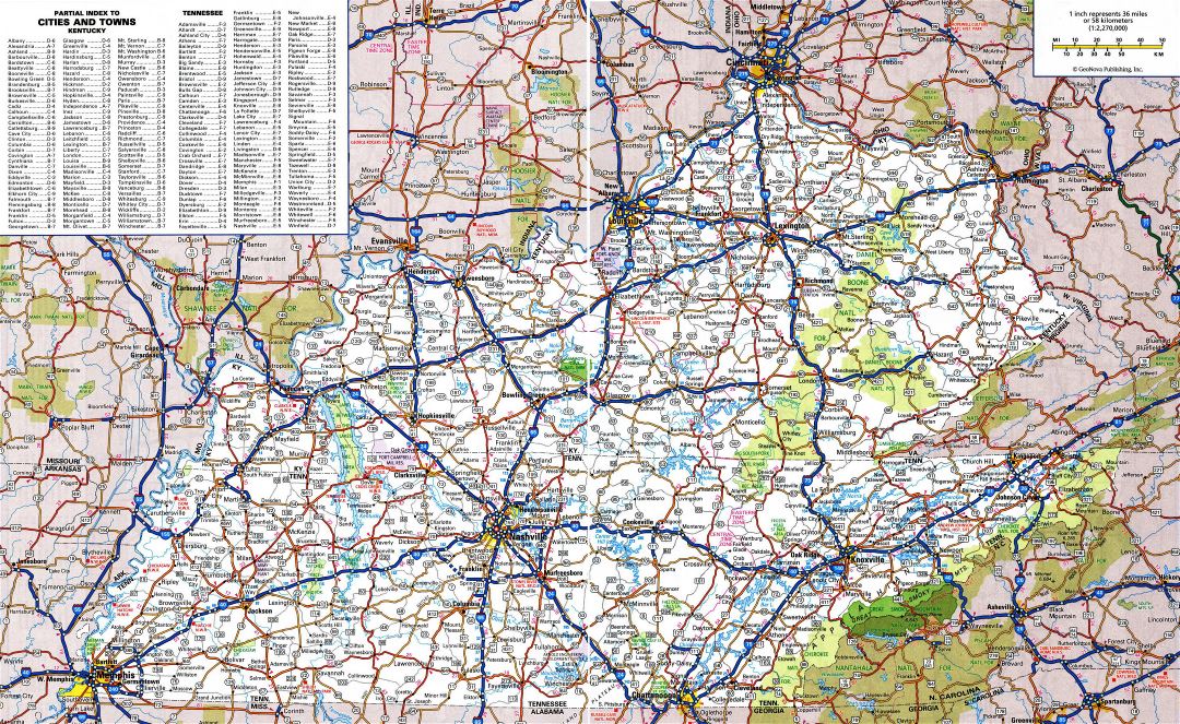 Large detailed roads and highways map of Kentucky state with all cities and national parks