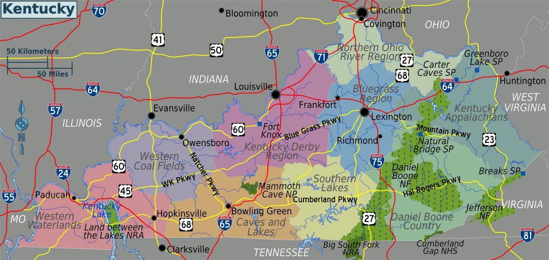 Large regions map of Kentucky state