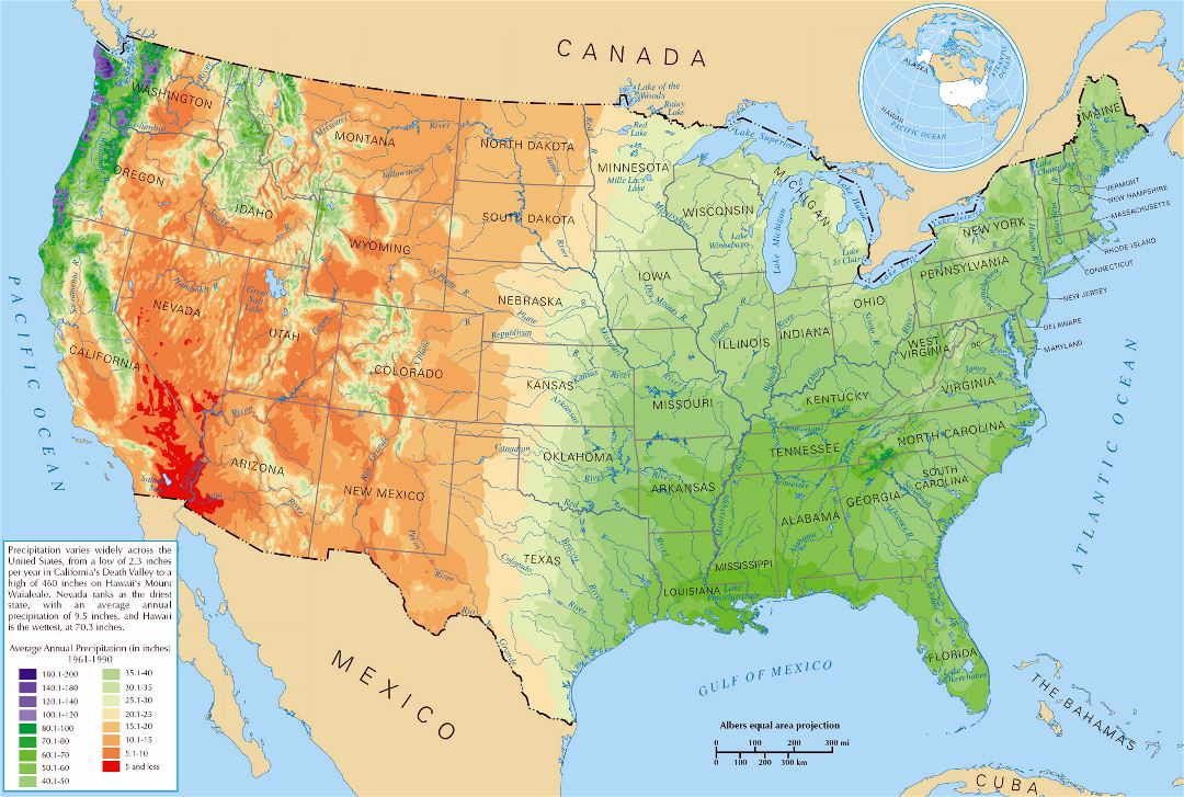 Large average precipitation map of the USA