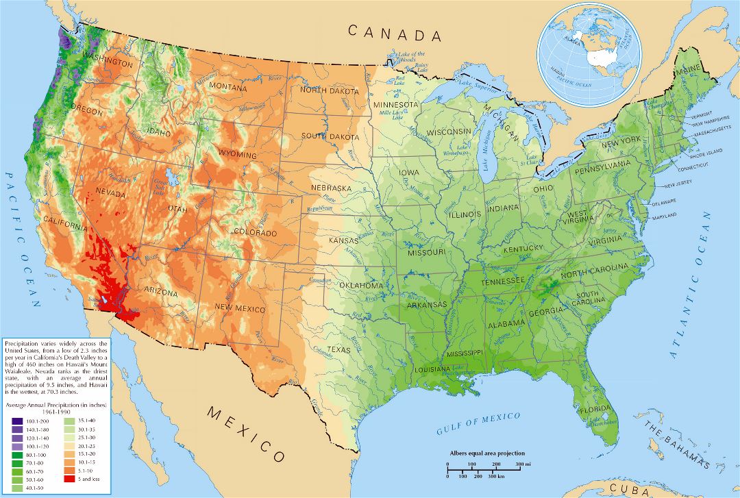 Large average precipitation map of the USA