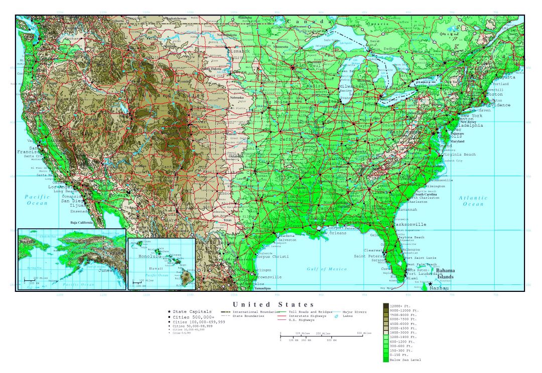 Large detailed elevation map of the USA with roads and major cities
