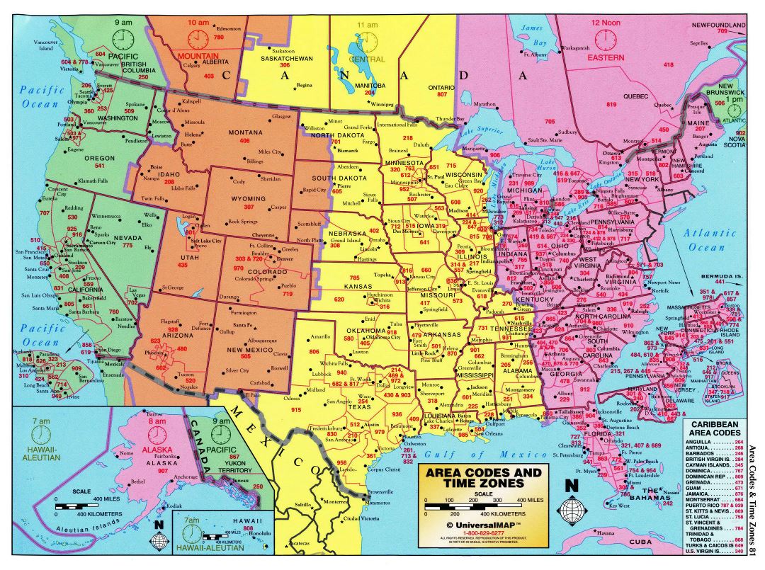 Large detailed map of area codes and time zones of the USA