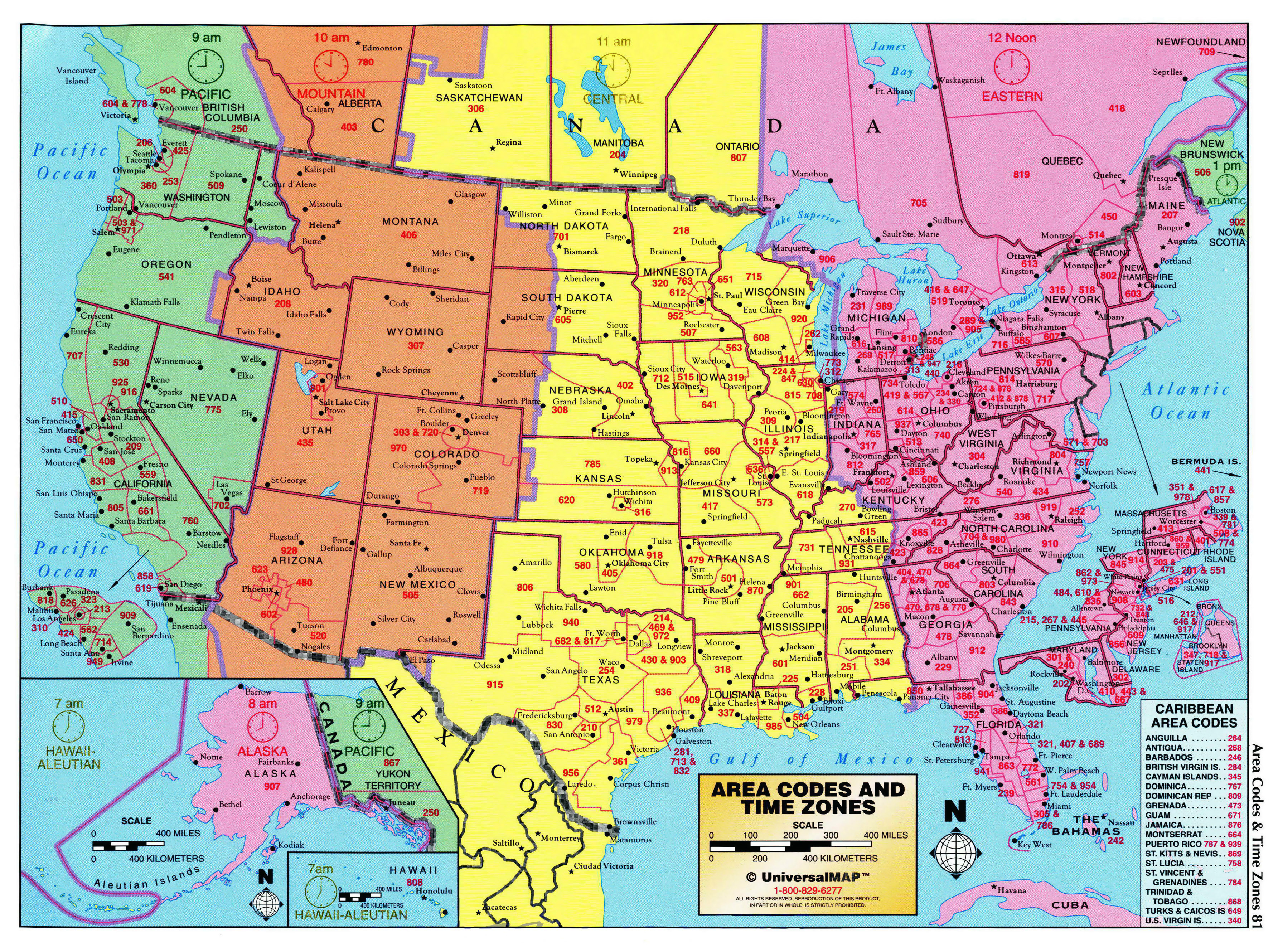 Large Detailed Map Of Area Codes And Time Zones Of The Usa Usa