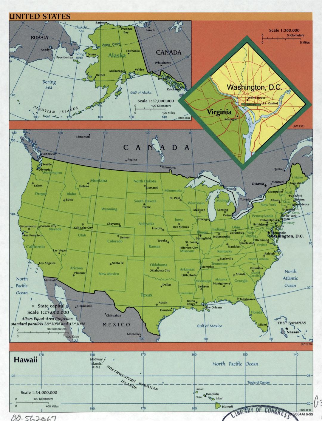 Large detailed political and administrative map of the USA - 1999