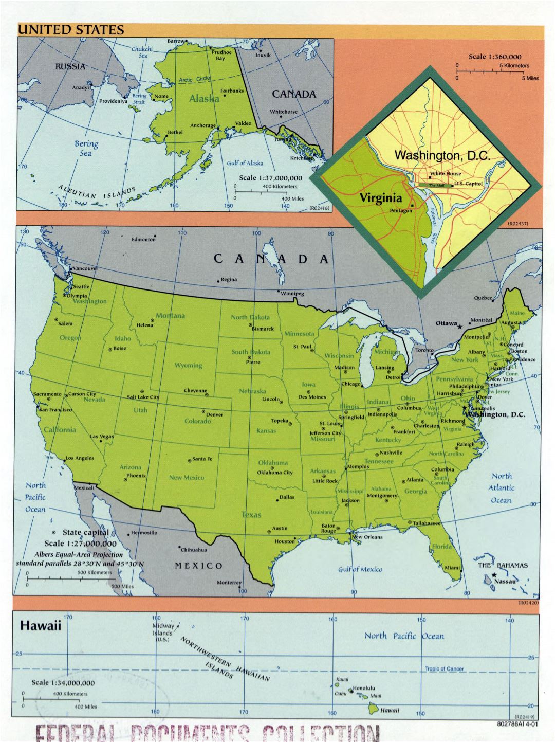 Large detailed political and administrative map of the USA - 2001