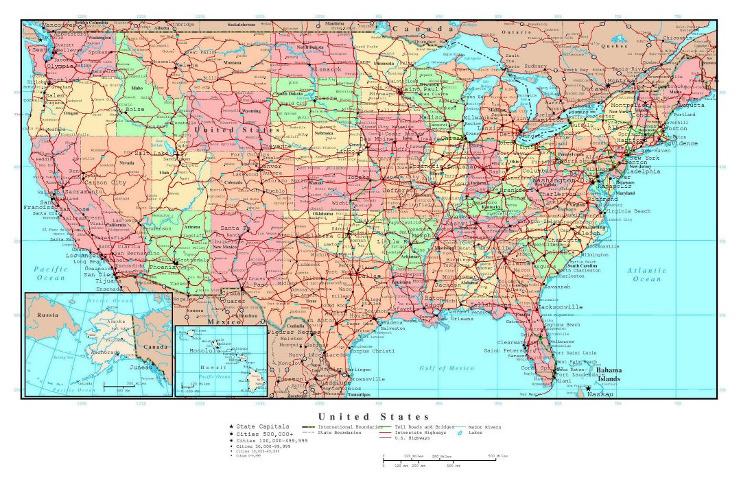 Large detailed political and administrative map of the USA with highways and major cities