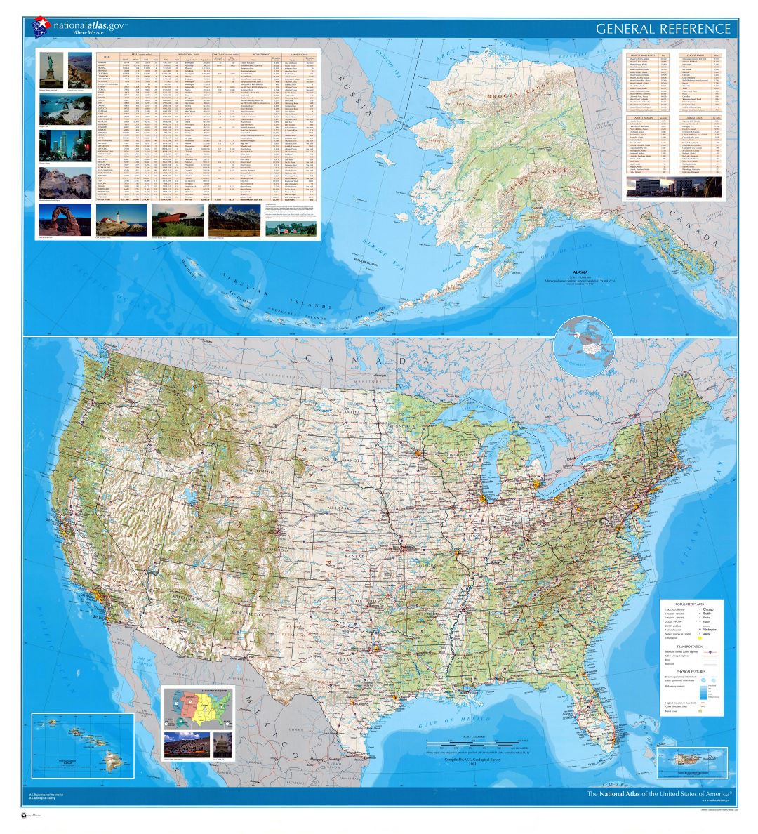 Large detailed relief, administrative and political map of the USA with all cities and highways