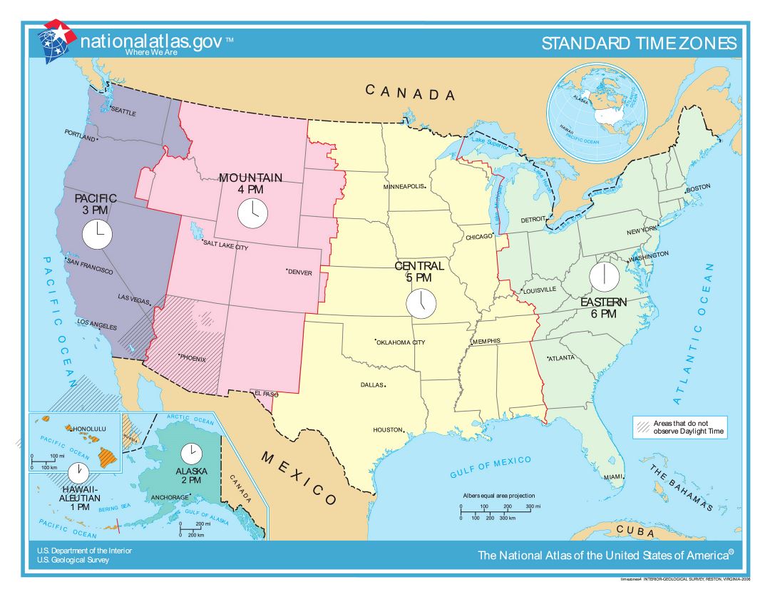 Large detailed time zones map of the United States