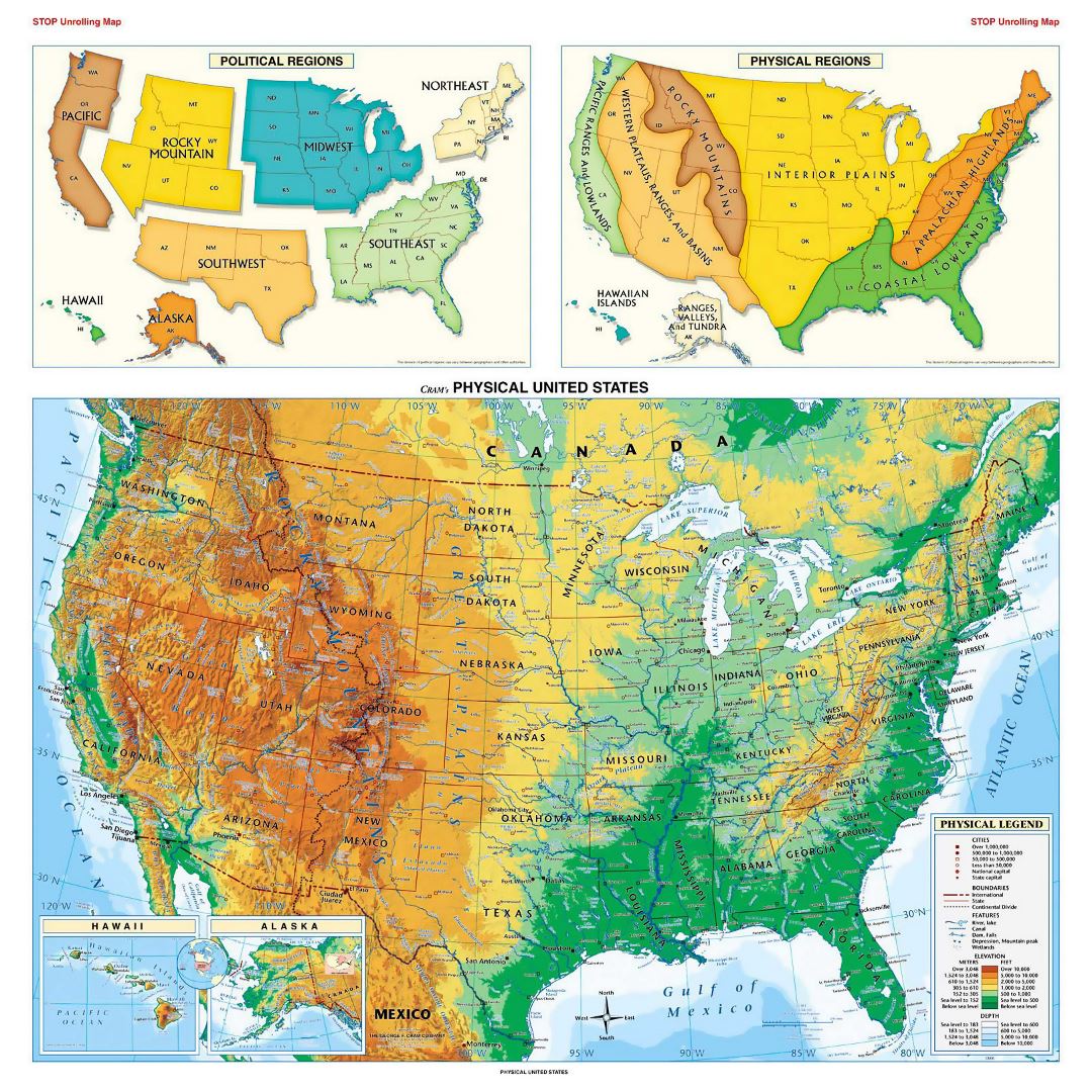 Large physical map of the USA