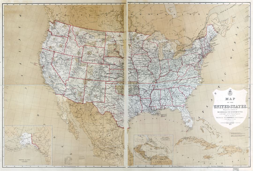 Large scale old political and administreative map of the USA - 1877