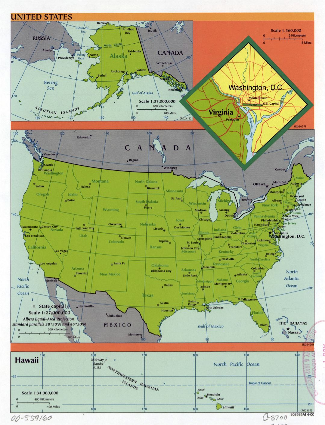 Large scale political and administrative map of the USA with major cities - 2000