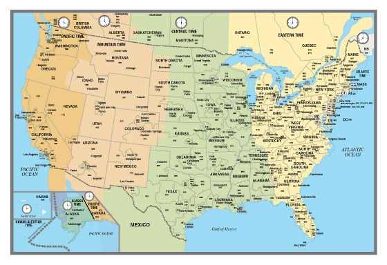 Large USA area codes map with time zones