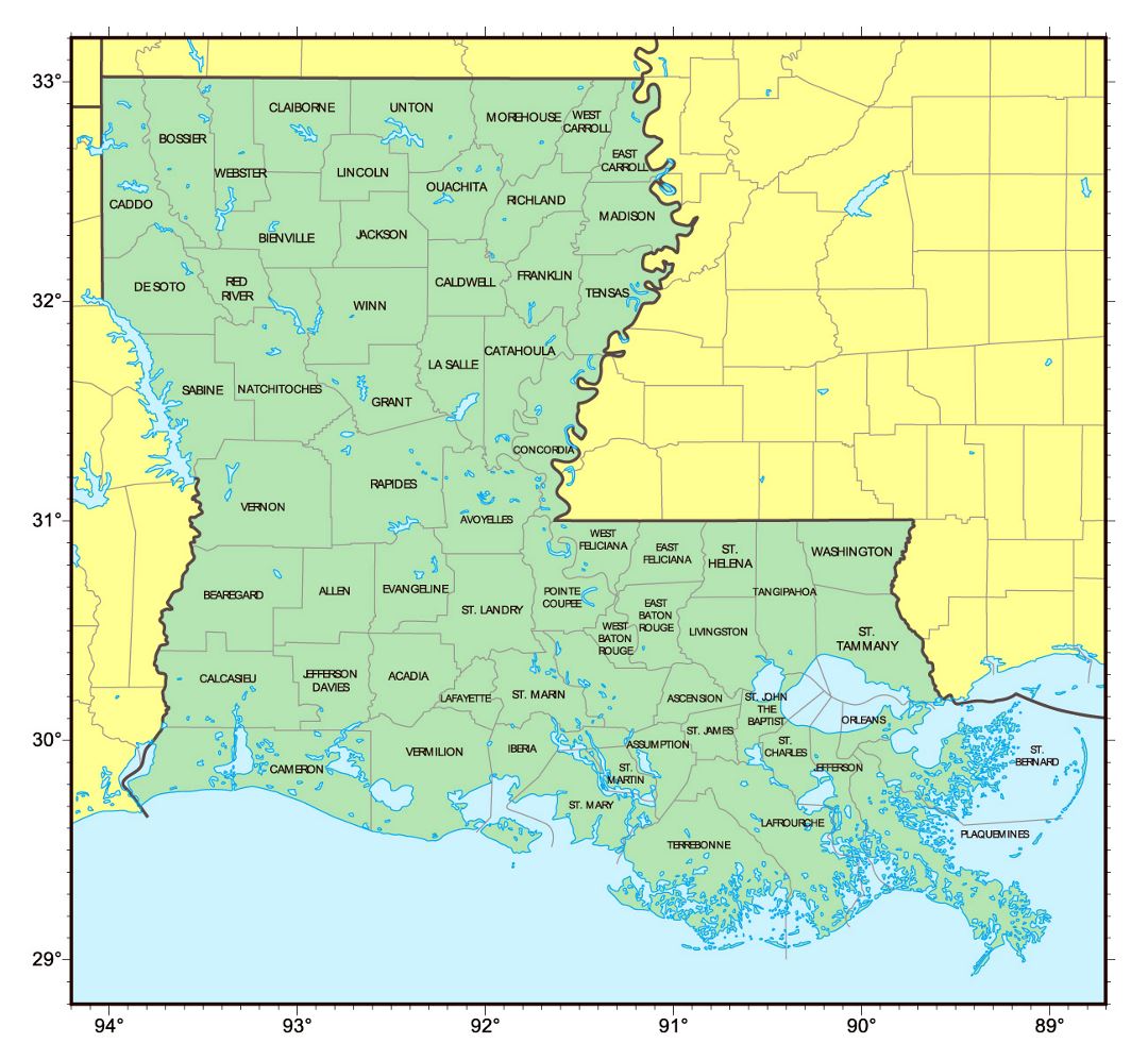 Detailed administrative map of Louisiana state