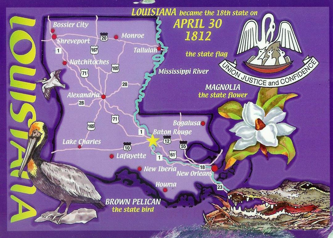 Detailed tourist illustrated map of Louisiana state