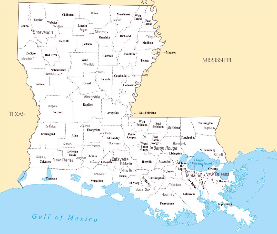 Large administrative map of Louisiana state with major cities