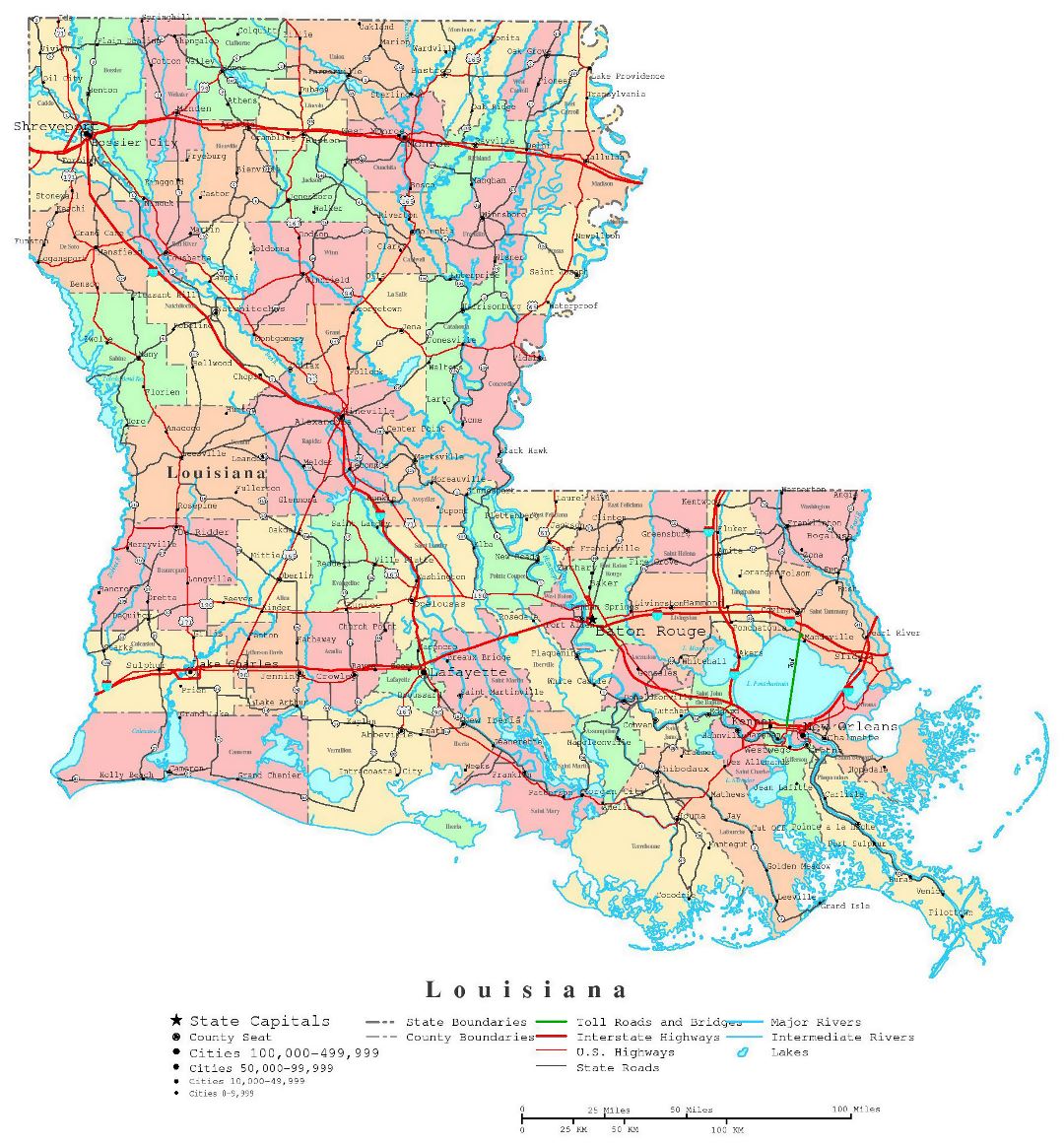 Large detailed administrative map of Louisiana state with roads, highways and cities