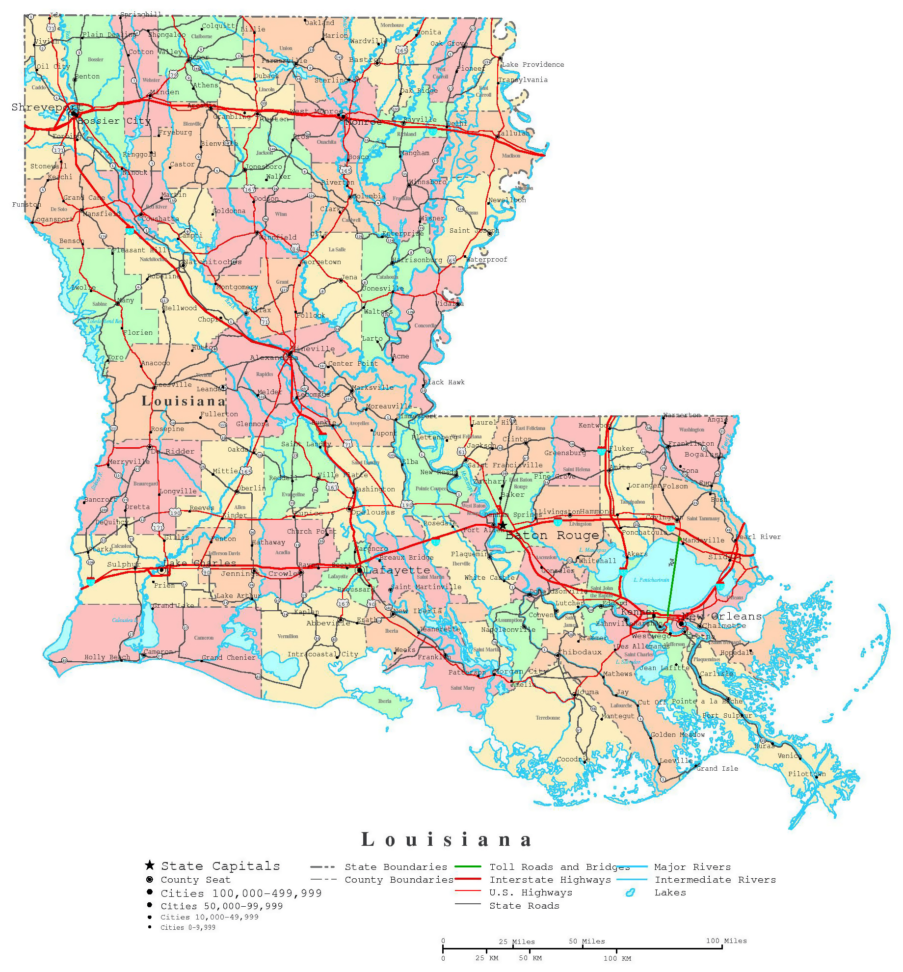 Large detailed administrative map of Louisiana state with roads, highways and cities | Louisiana ...