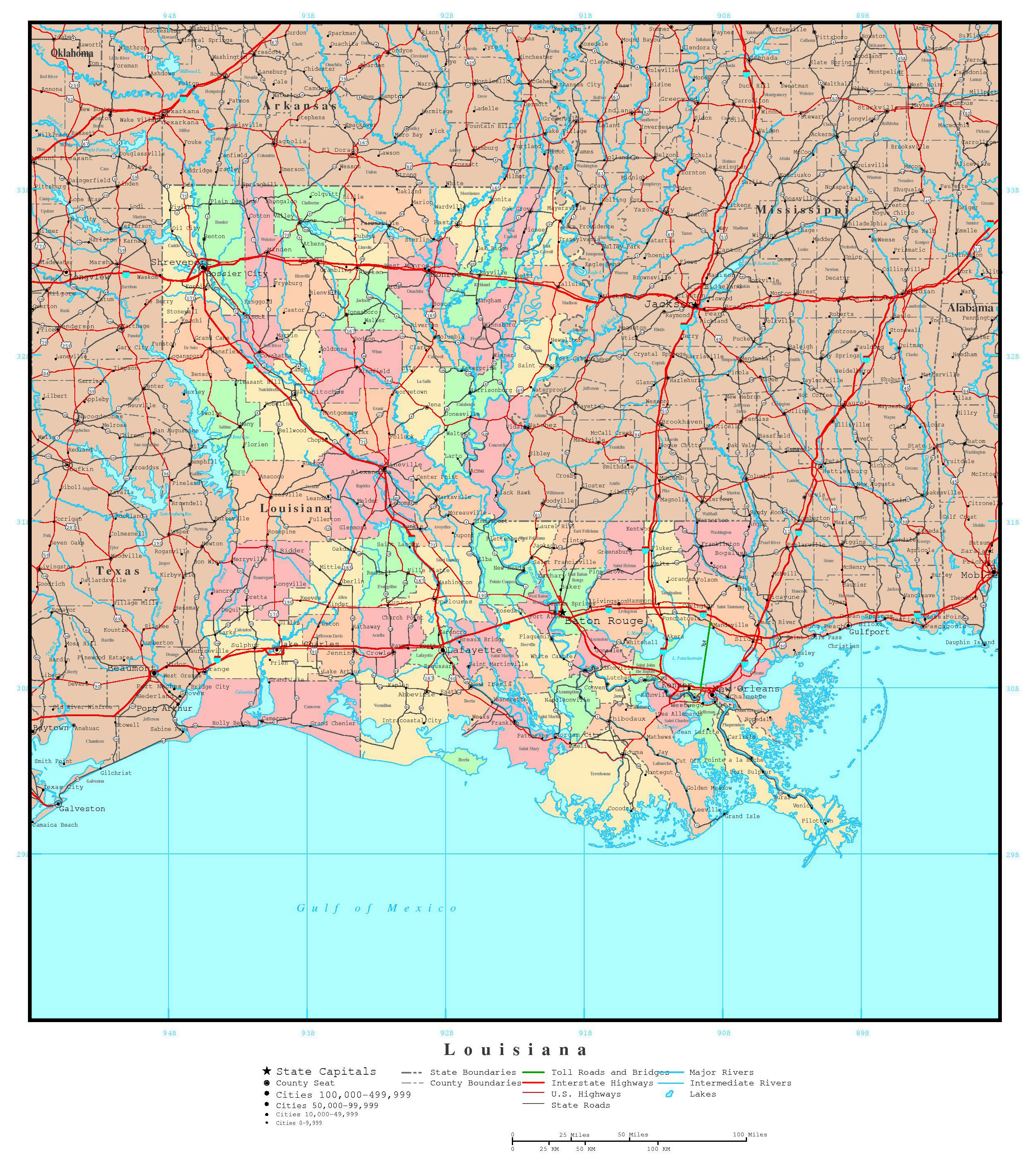 Large detailed administrative map of Louisiana state with roads