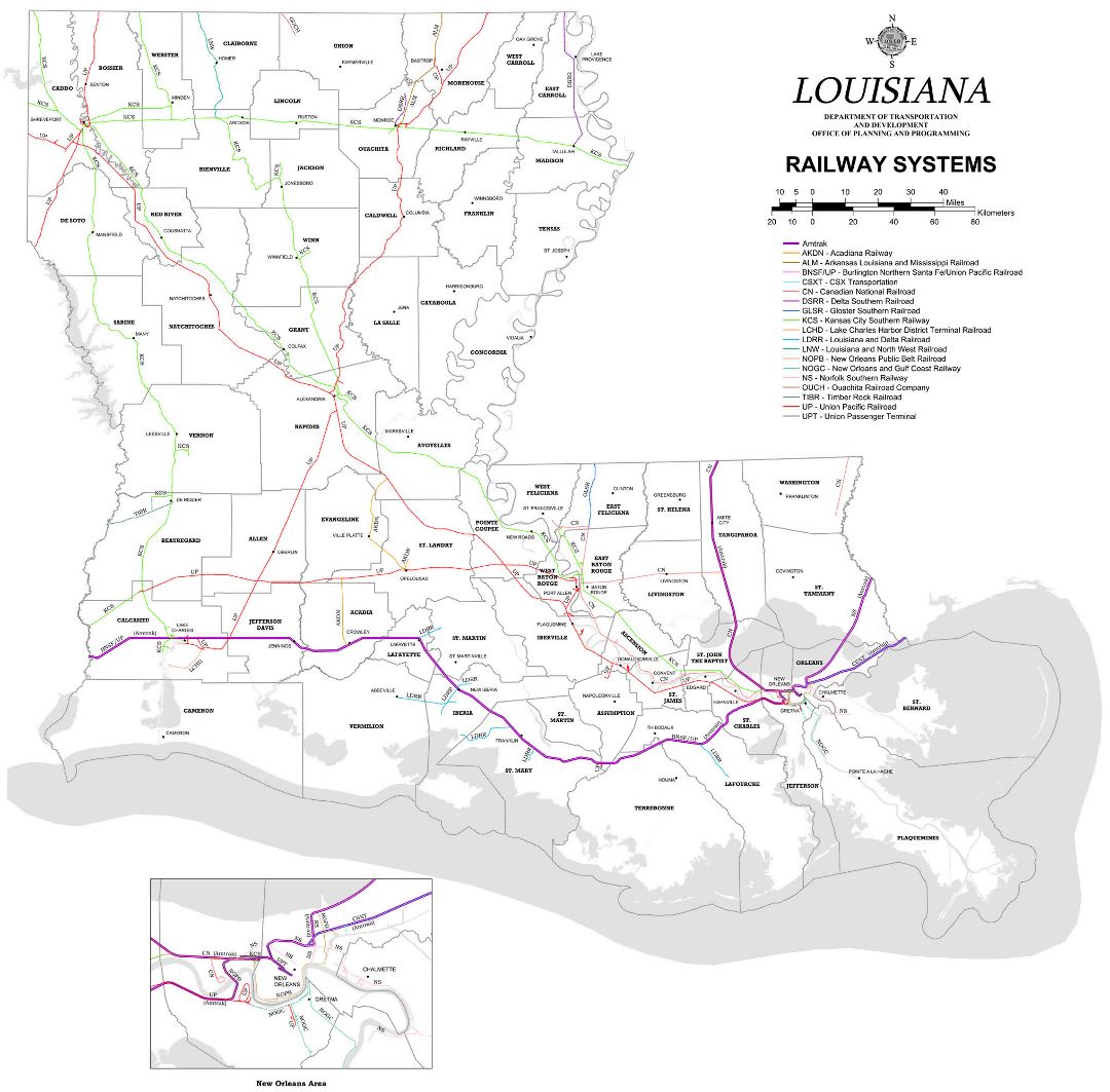Large detailed railways system map of Louisiana state