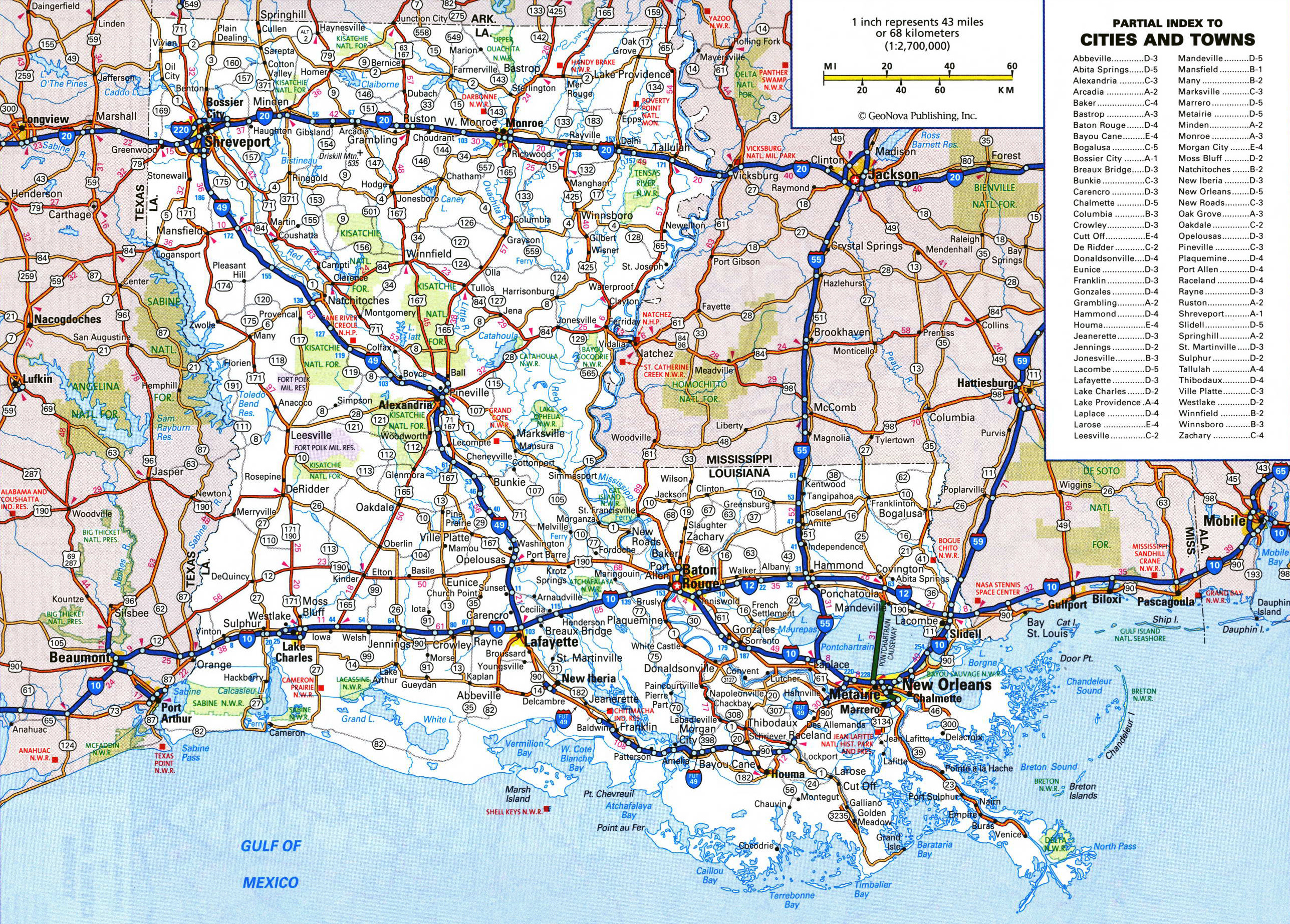 Large detailed roads and highways map of Louisiana state with all cities and national parks ...