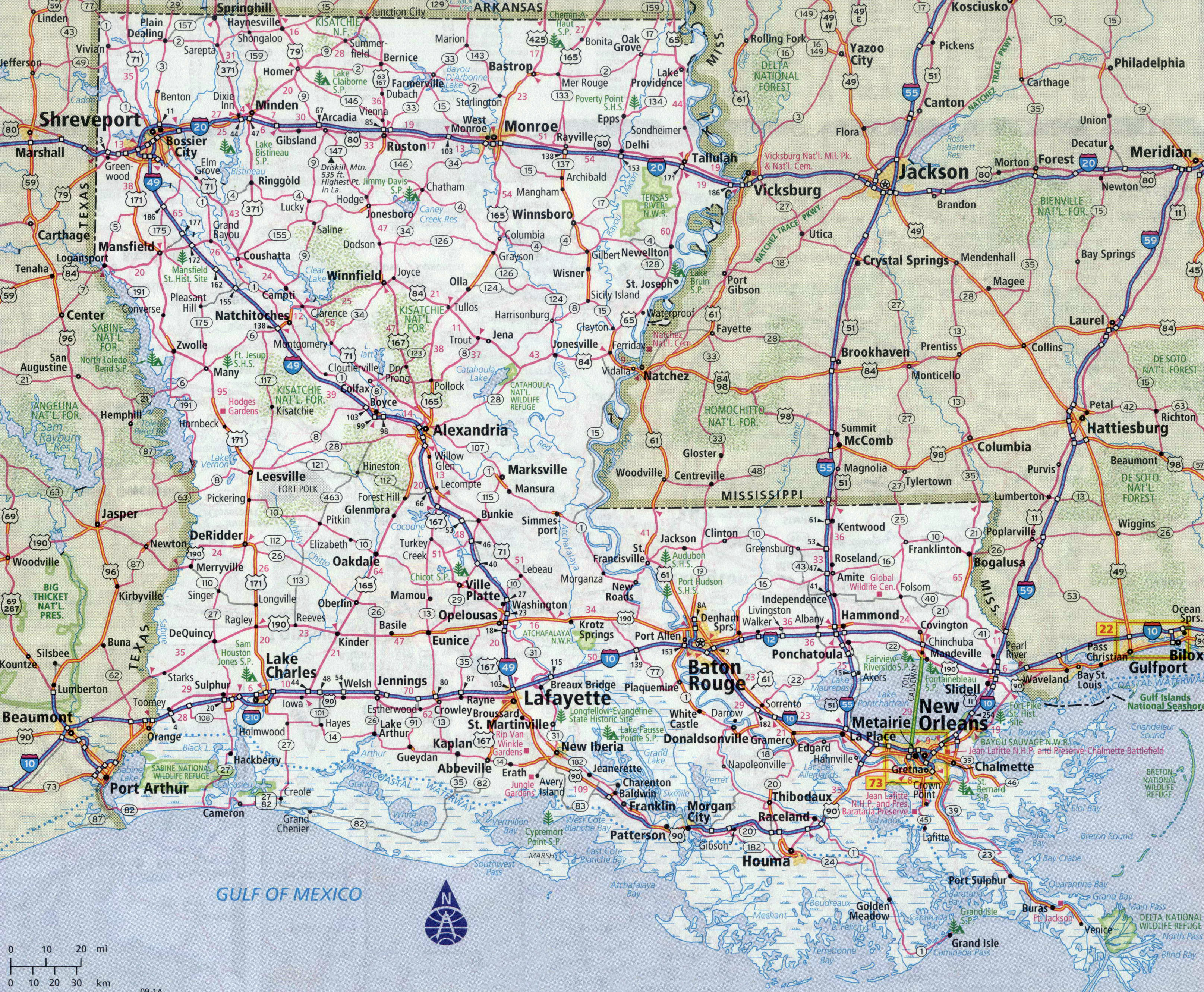 Large detailed roads and highways map of Louisiana state with all cities, Louisiana state, USA, Maps of the USA