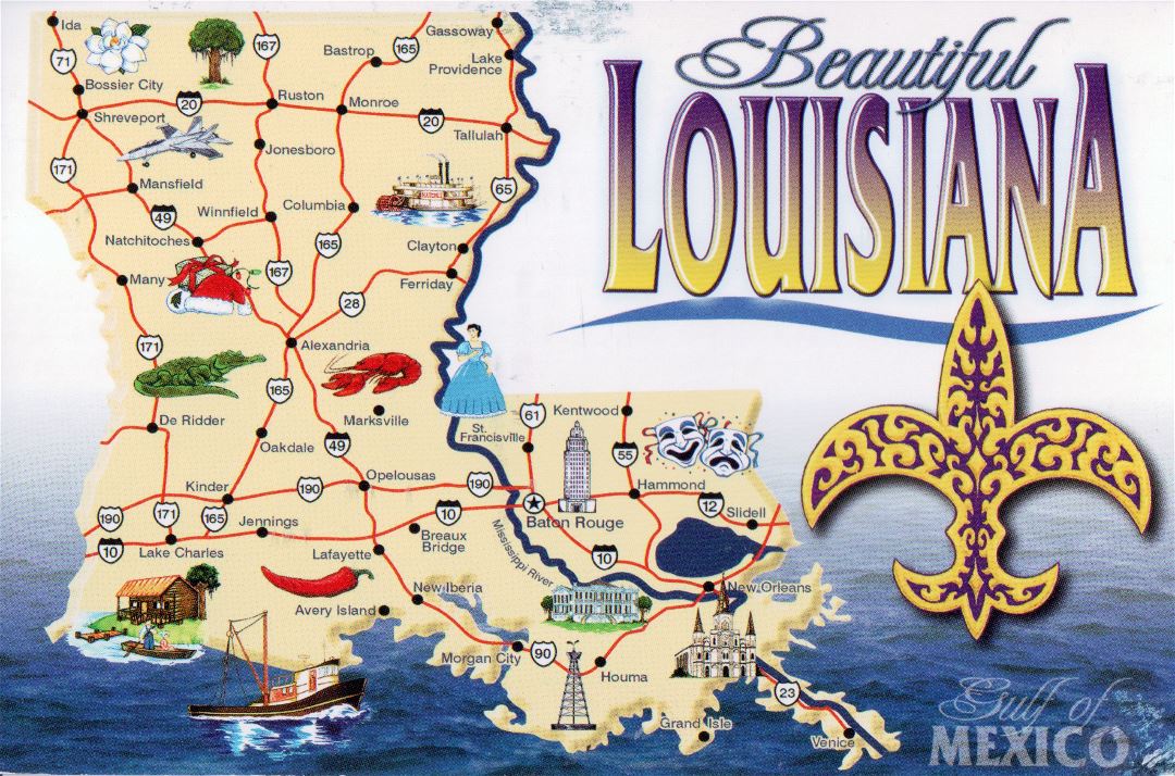 Large tourist map of Louisiana state