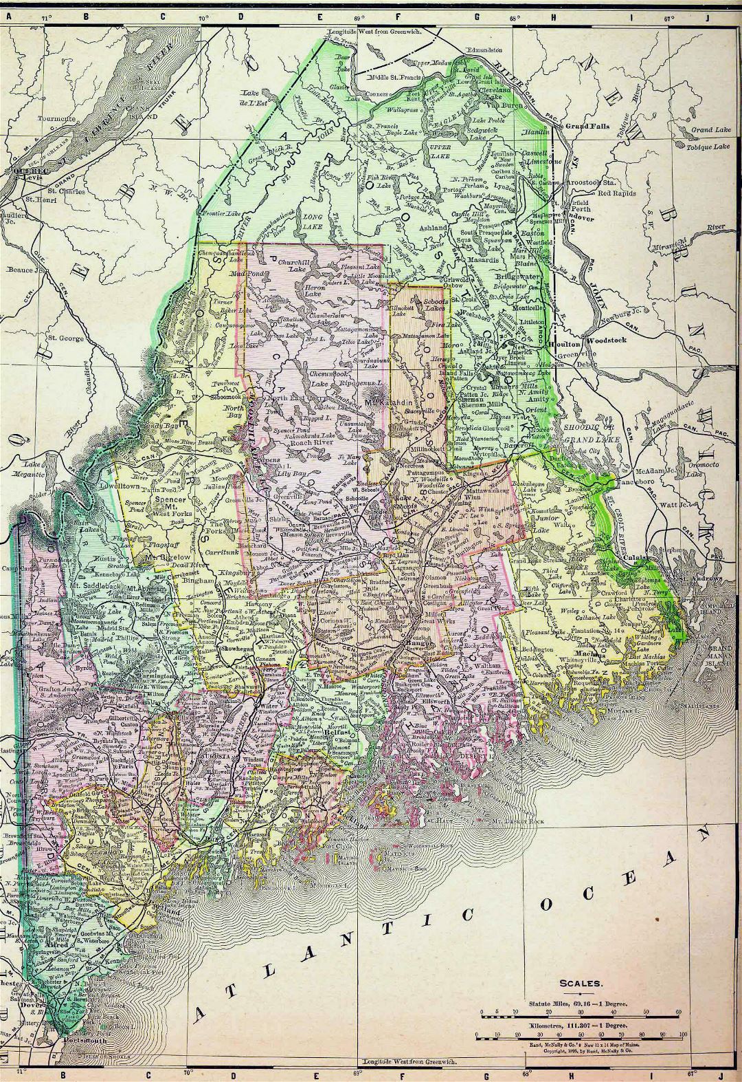 Detailed old administrative map of Maine state with roads and cities - 1895