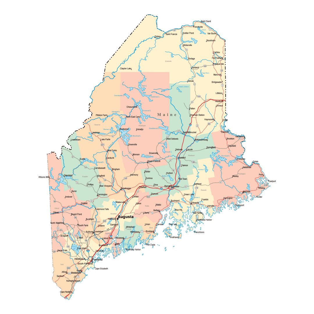 Large administrative map of Maine state with roads, highways and cities