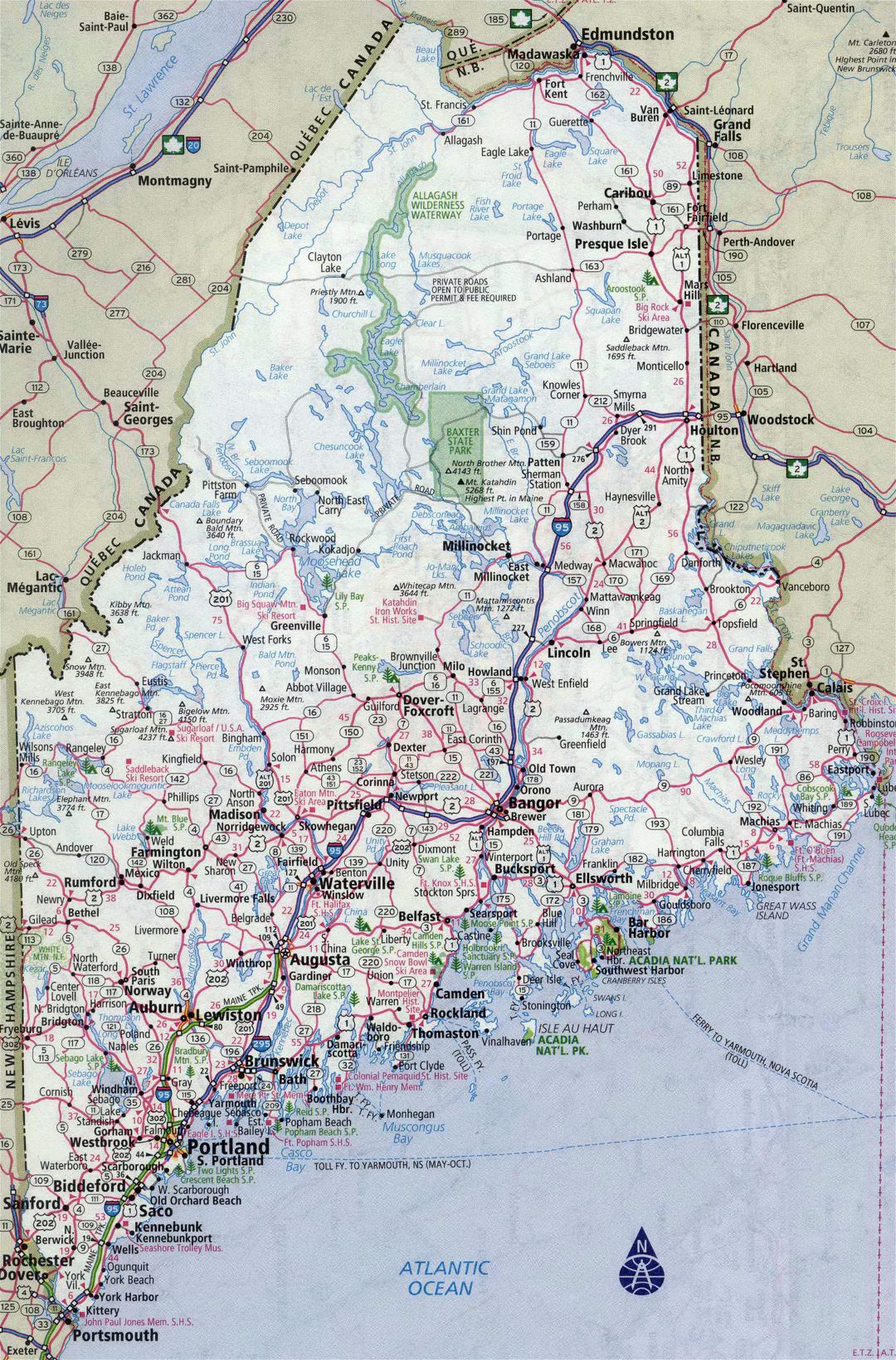 Large detailed roads and highways map of Maine state with all cities