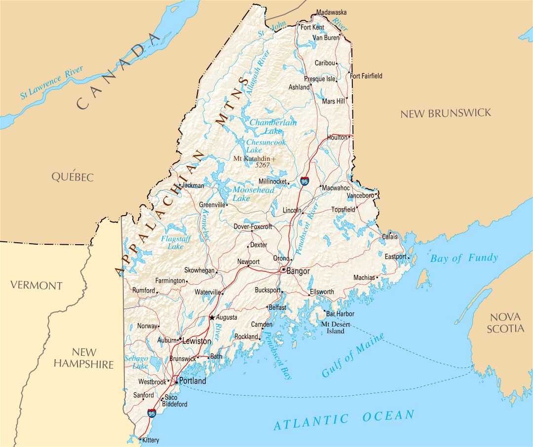 Large map of Maine state with roads, highways, relief and major cities