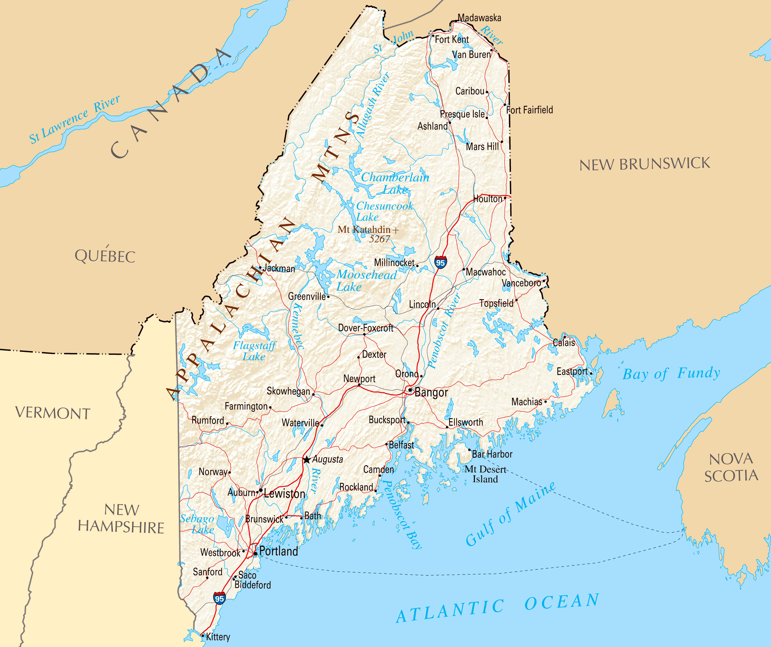 Large Map Of Maine State With Roads Highways Relief And Major Cities